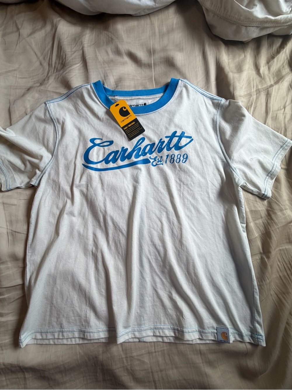 Carhartt women’s  White Tee with Blue Script Logo and Collar